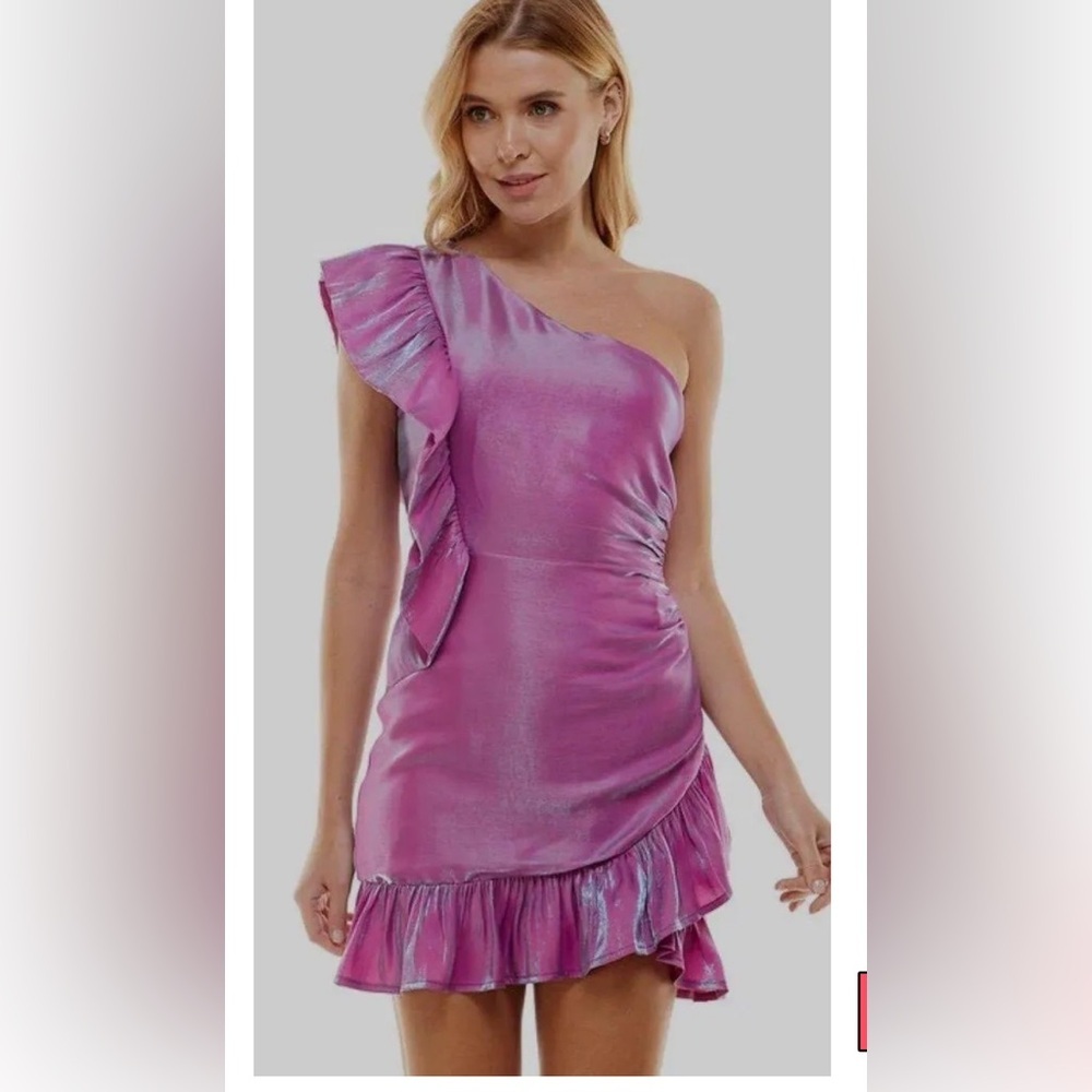 TCEC One shoulder metallic foil ruffle dress SIZE M pit to pit 17” 
length 25”